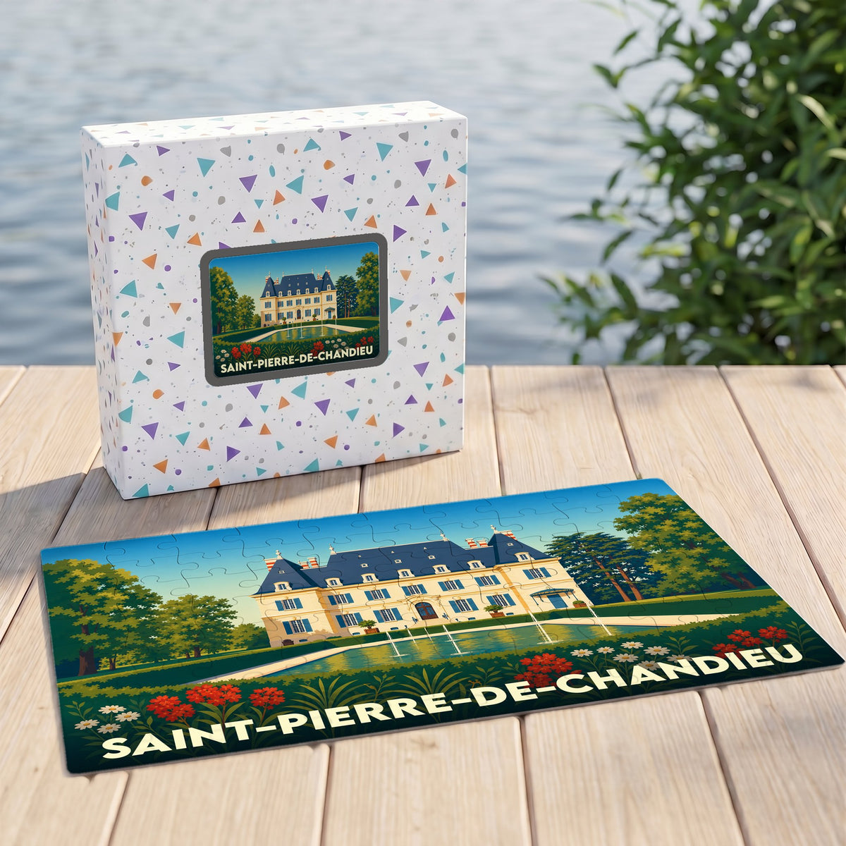 Puzzle souvenir de la ville de Saint-Pierre-de-Chandieu avec une illustration stylisée d'un château.