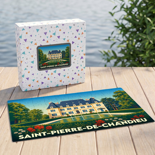 Puzzle souvenir de la ville de Saint-Pierre-de-Chandieu avec une illustration stylisée d'un château.