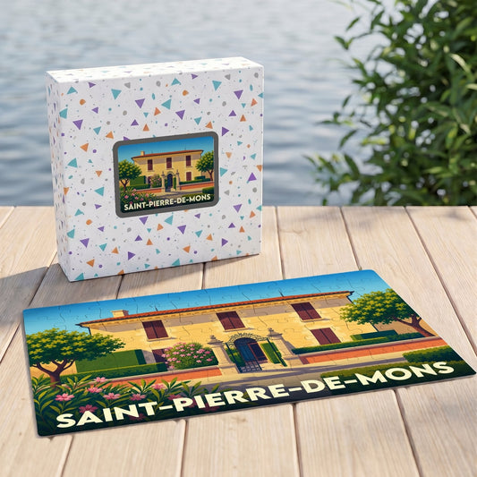 Puzzle souvenir de la ville de Saint-Pierre-de-Mons avec une illustration stylisée d'une maison de maître.