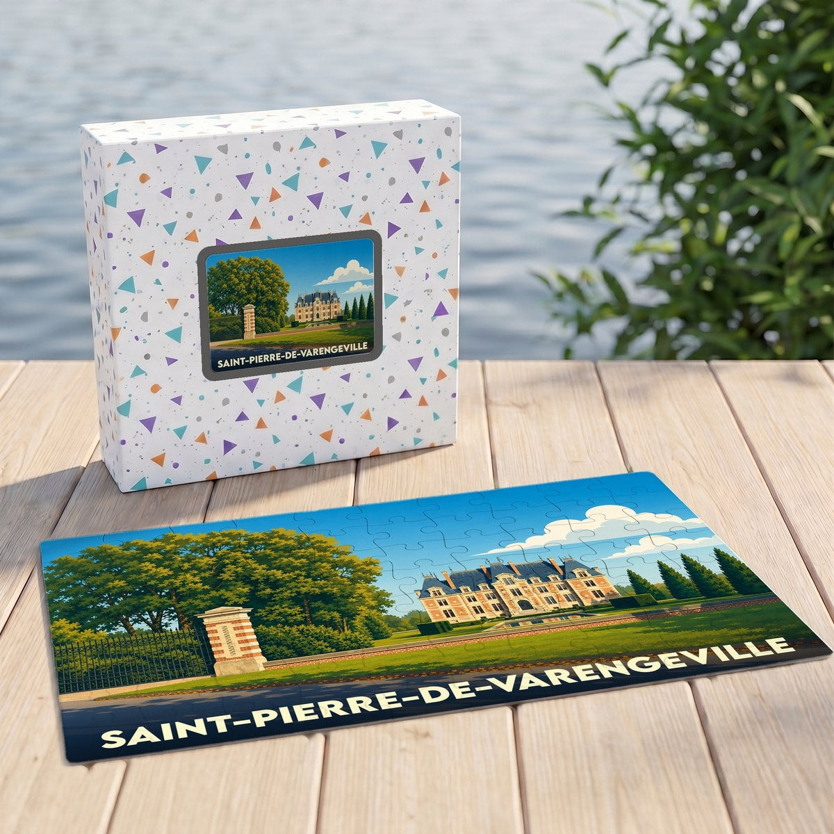 Puzzle souvenir de la ville de Saint-Pierre-de-Varengeville avec une illustration stylisée de son château.
