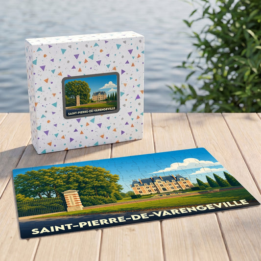 Puzzle souvenir de la ville de Saint-Pierre-de-Varengeville avec une illustration stylisée de son château.
