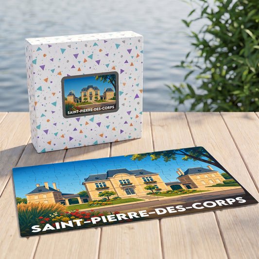 Puzzle souvenir de la ville de Saint-Pierre-des-Corps avec une illustration stylisée d'un manoir.