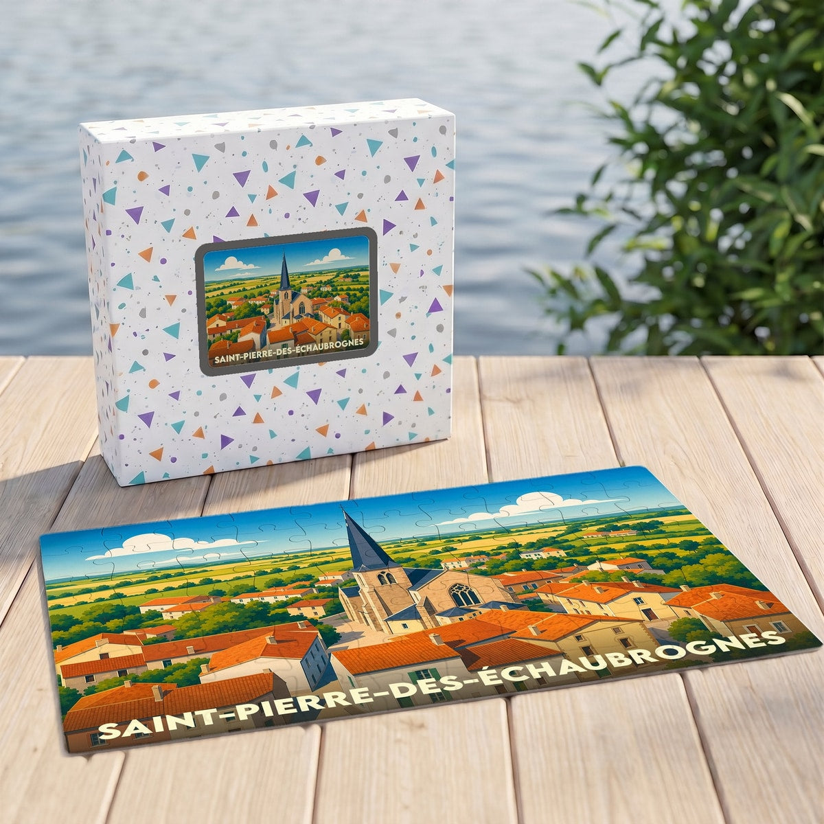 Puzzle souvenir de la ville de Saint-Pierre-des-Échaubrognes avec une illustration stylisée.