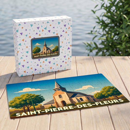 Puzzle souvenir de la ville de Saint-Pierre-des-Fleurs avec une illustration stylisée de son église.