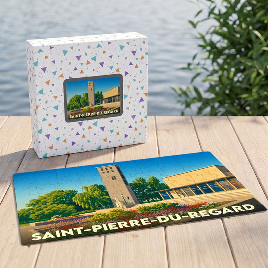 Puzzle souvenir de la ville de Saint-Pierre-du-Regard avec son illustration stylisée et sa boîte assortie.
