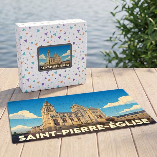 Puzzle souvenir de la ville de Saint-Pierre-Église avec une illustration stylisée d'une église.