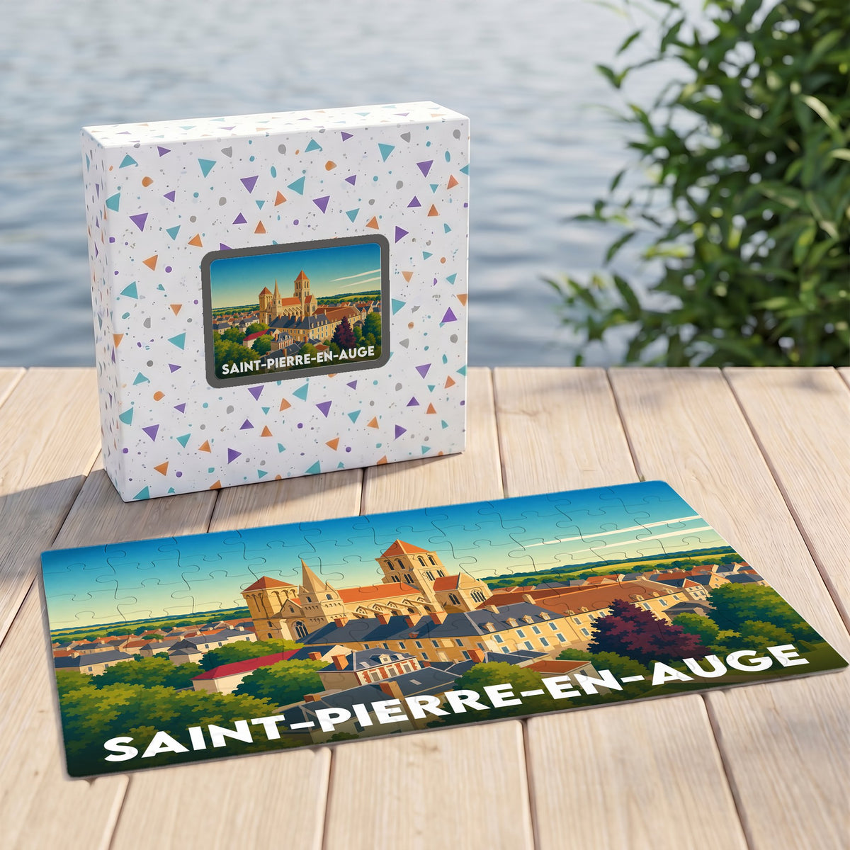 Puzzle souvenir de la ville de Saint-Pierre-en-Auge avec une illustration stylisée de son abbaye.