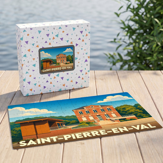 Puzzle souvenir de la ville de Saint-Pierre-en-Val avec une illustration stylisée et colorée.