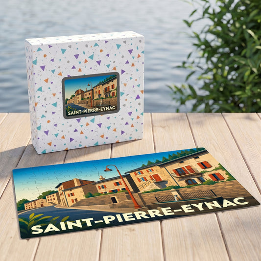 Puzzle souvenir de la ville de Saint-Pierre-Eynac avec une illustration stylisée et colorée.