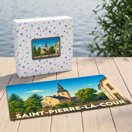 Puzzle souvenir de la ville de Saint-Pierre-la-Cour avec une illustration stylisée et colorée.