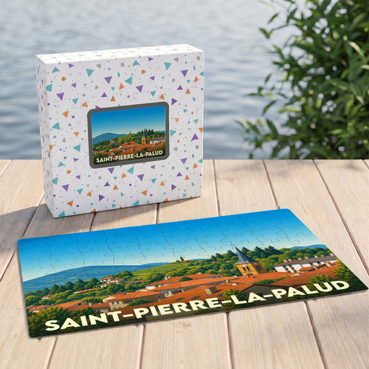 Puzzle souvenir de la ville de Saint-Pierre-la-Palud accompagné de sa boîte illustrée.