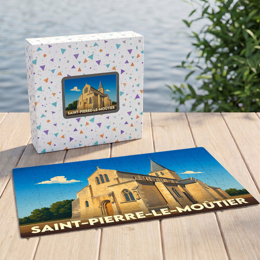 Puzzle souvenir de la ville de Saint-Pierre-le-Moûtier avec une illustration stylisée de son église.