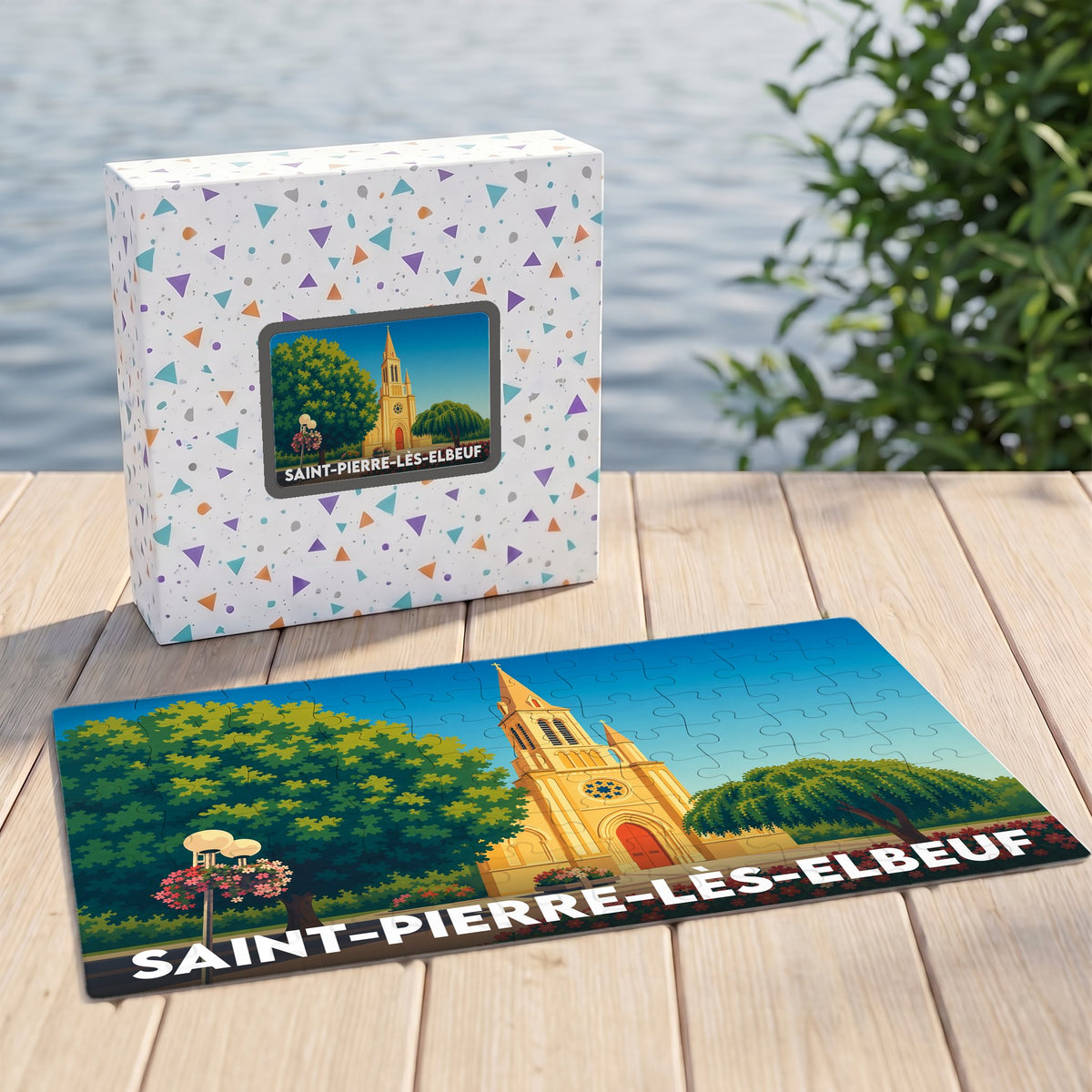 Puzzle souvenir de la ville de Saint-Pierre-lès-Elbeuf avec une illustration stylisée de son église.