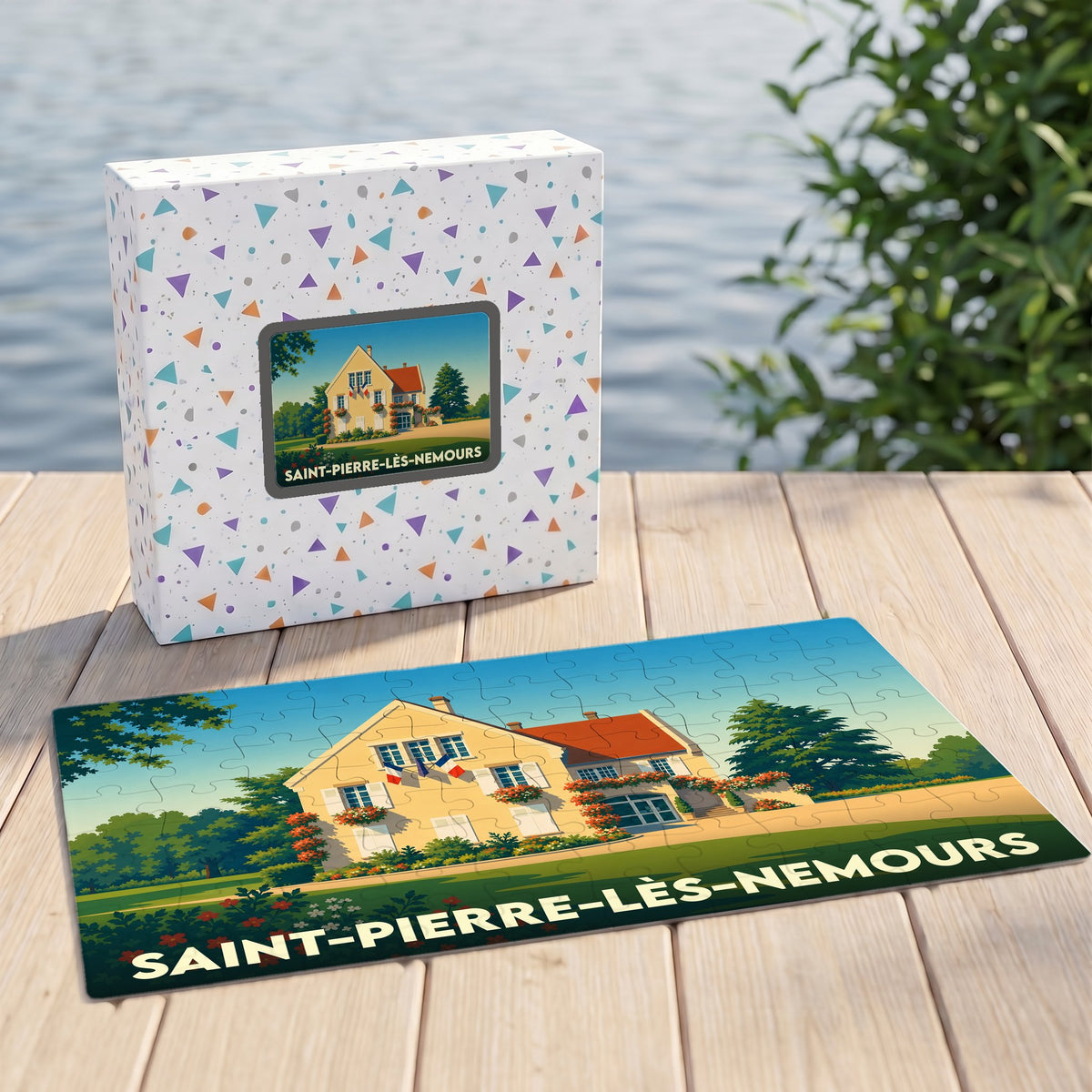Puzzle souvenir de la ville de Saint-Pierre-lès-Nemours avec une illustration stylisée d'un bâtiment fleuri.