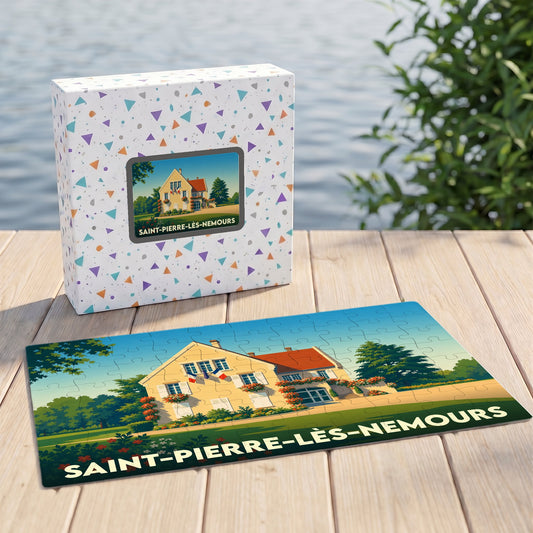Puzzle souvenir de la ville de Saint-Pierre-lès-Nemours avec une illustration stylisée d'un bâtiment fleuri.