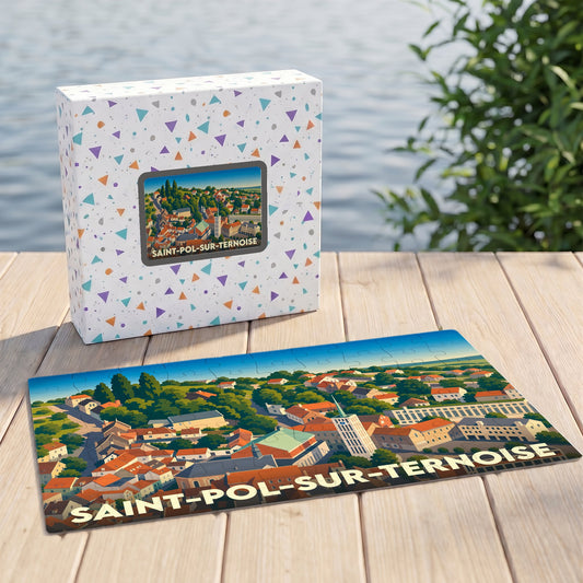 Puzzle souvenir de la ville de Saint-Pol-sur-Ternoise avec une illustration stylisée et colorée de son paysage urbain.