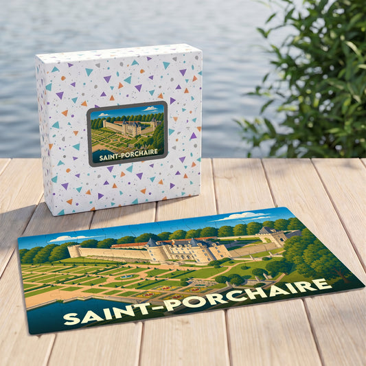 Puzzle souvenir de la ville de Saint-Porchaire illustrant son château et ses jardins.