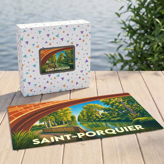 Puzzle souvenir de la ville de Saint-Porquier représentant une illustration stylisée d'un canal sous un pont de briques.