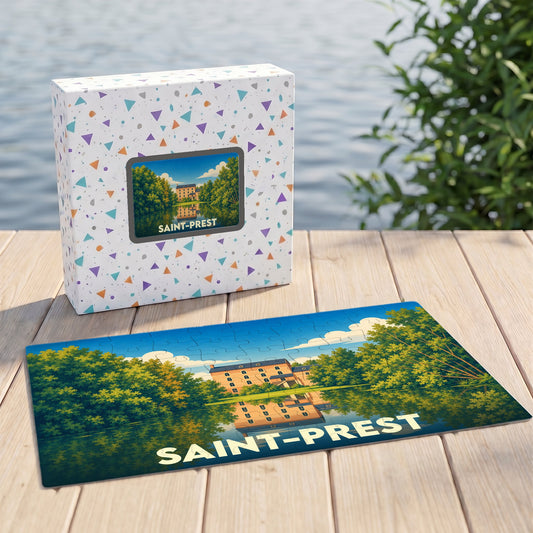 Puzzle souvenir de la ville de Saint-Prest avec une illustration stylisée d'un moulin au bord de l'eau.
