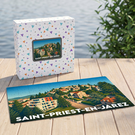 Puzzle souvenir de la ville de Saint-Priest-en-Jarez avec une illustration stylisée de son paysage urbain.