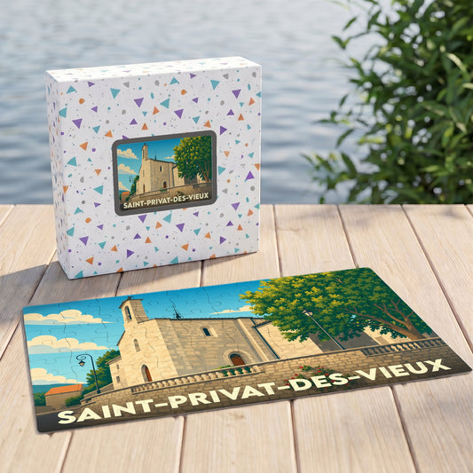 Puzzle souvenir de la ville de Saint-Privat-des-Vieux avec une illustration stylisée de son église.