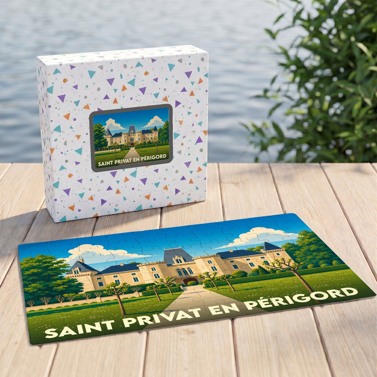 Puzzle souvenir de la ville de Saint Privat en Périgord avec une illustration stylisée d'un château.