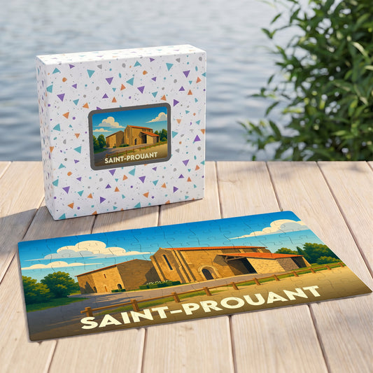 Puzzle souvenir de la ville de Saint-Prouant avec une illustration stylisée d'un bâtiment historique.