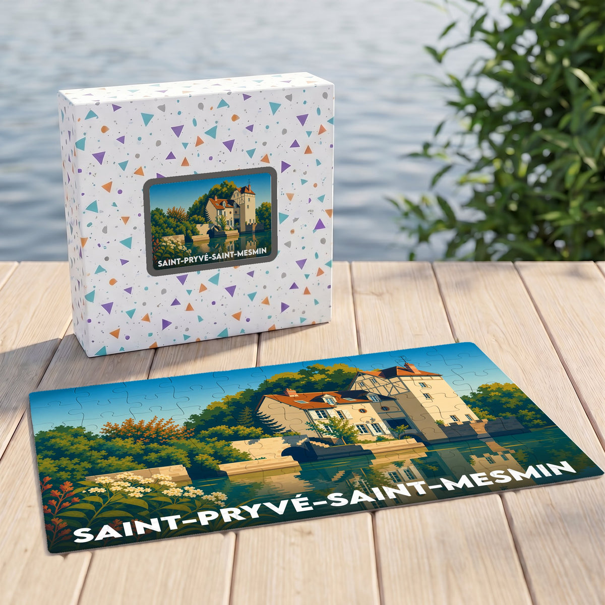 Puzzle souvenir de la ville de Saint-Pryvé-Saint-Mesmin avec une illustration stylisée d'une maison au bord de l'eau.