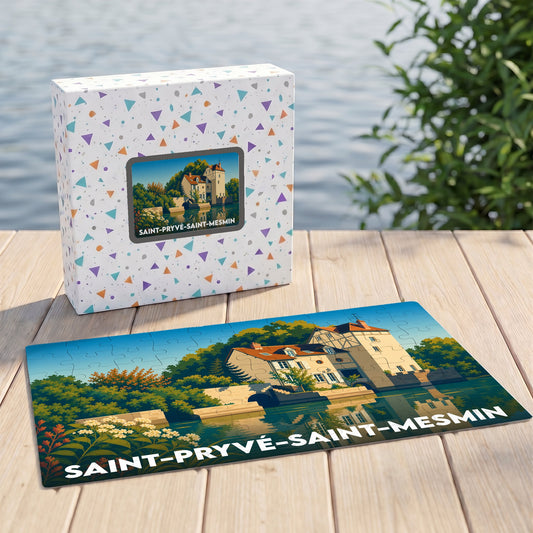 Puzzle souvenir de la ville de Saint-Pryvé-Saint-Mesmin avec une illustration stylisée d'une maison au bord de l'eau.