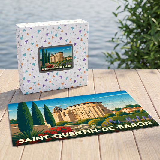 Puzzle souvenir de la ville de Saint-Quentin-de-Baron avec une illustration stylisée de son église romane.