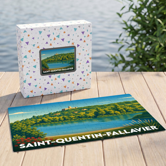 Puzzle souvenir de la ville de Saint-Quentin-Fallavier avec une illustration stylisée de son lac et de son château.