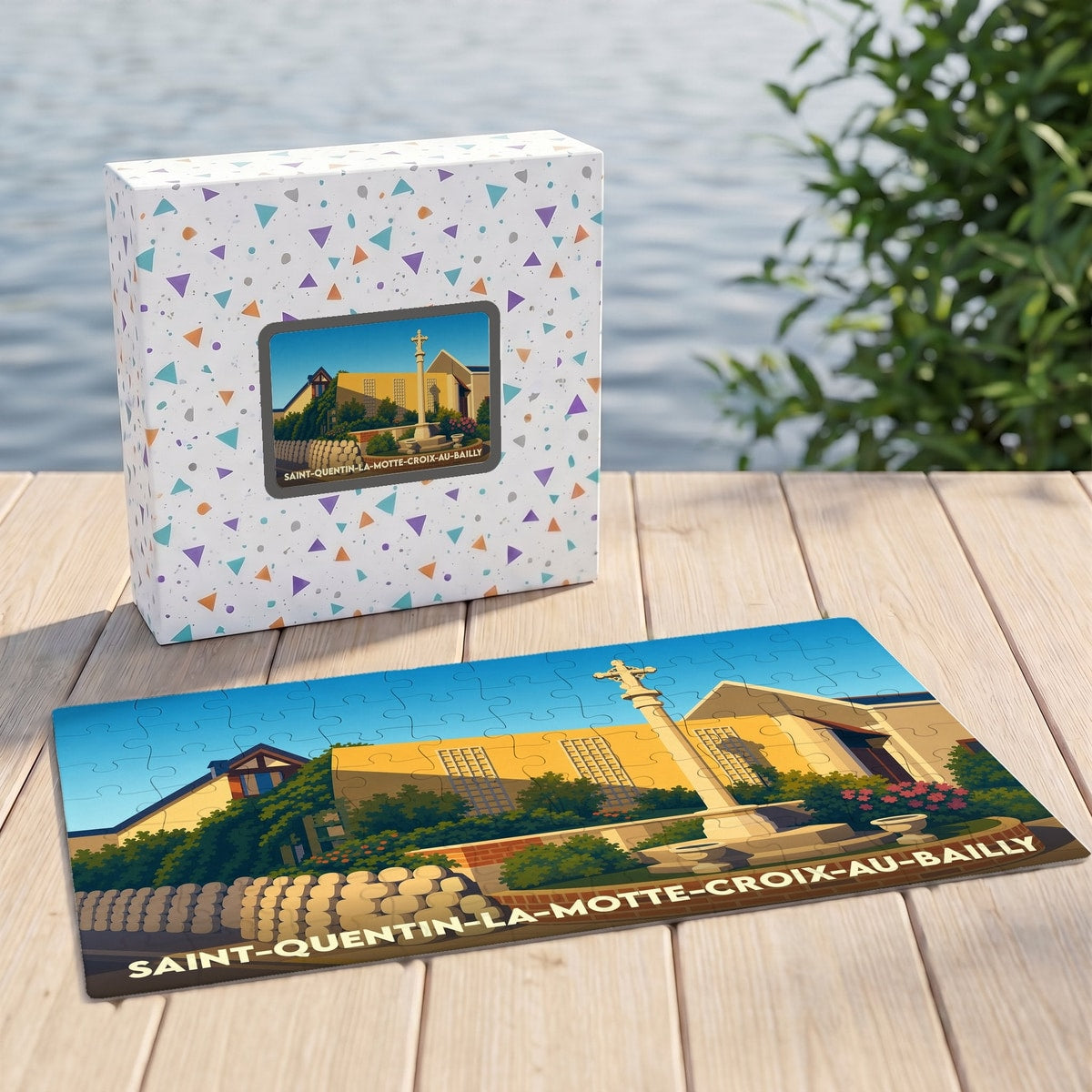Puzzle souvenir de la ville de Saint-Quentin-la-Motte-Croix-au-Bailly avec une illustration stylisée et colorée.