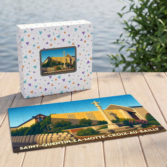 Puzzle souvenir de la ville de Saint-Quentin-la-Motte-Croix-au-Bailly avec une illustration stylisée et colorée.