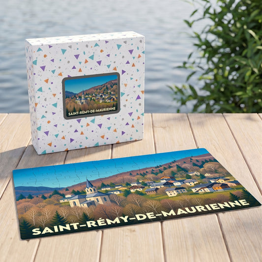 Puzzle souvenir de Saint-Rémy-de-Maurienne avec une illustration stylisée de la ville et de ses montagnes.