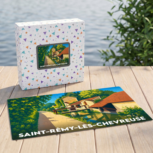 Puzzle souvenir de la ville de Saint-Rémy-lès-Chevreuse avec une illustration stylisée et colorée.