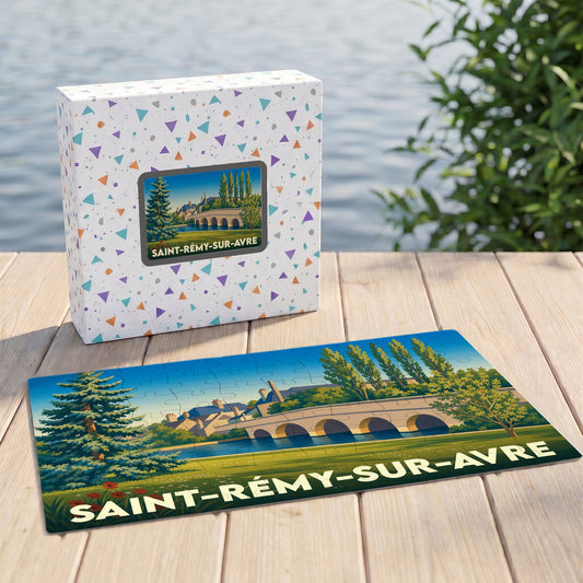 Puzzle souvenir de la ville de Saint-Rémy-sur-Avre avec une illustration stylisée d'un pont enjambant une rivière.