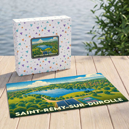 Puzzle souvenir de la ville de Saint-Rémy-sur-Durolle avec une illustration paysagère stylisée.