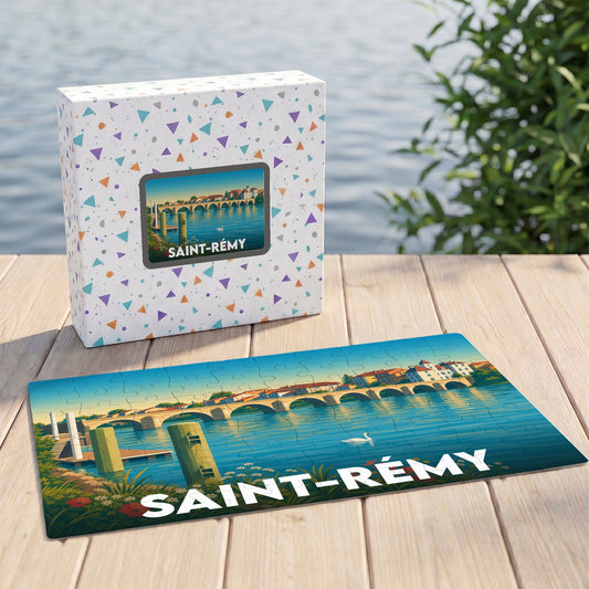 Puzzle souvenir de la ville de Saint-Rémy avec une illustration stylisée représentant un pont sur l'eau.