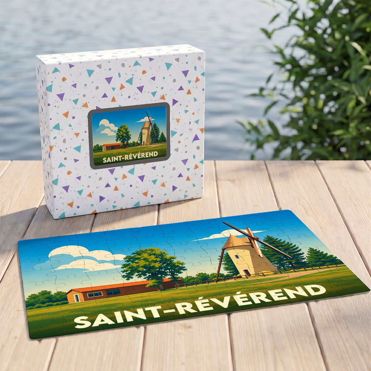 Puzzle souvenir de la ville de Saint-Révérend avec une illustration stylisée d'un moulin.