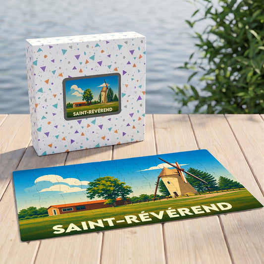 Puzzle souvenir de la ville de Saint-Révérend avec une illustration stylisée d'un moulin.