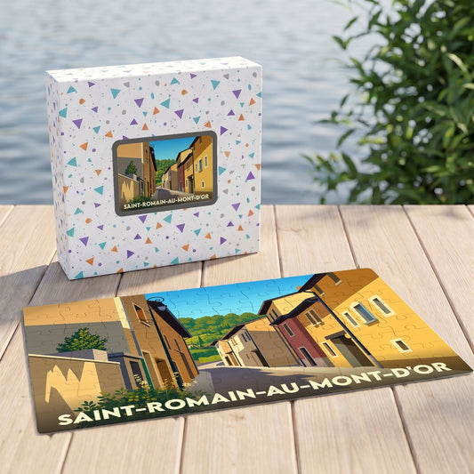 Puzzle souvenir de la ville de Saint-Romain-au-Mont-d'Or avec une illustration stylisée.