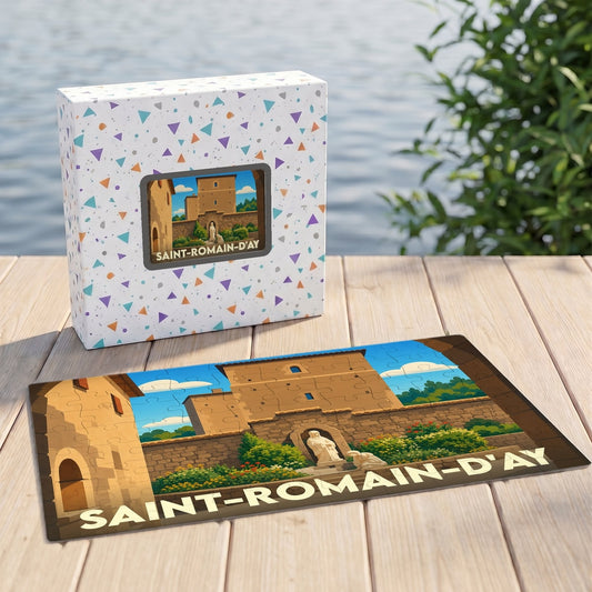 Puzzle souvenir de la ville de Saint-Romain-d'Ay avec une illustration stylisée de son patrimoine.
