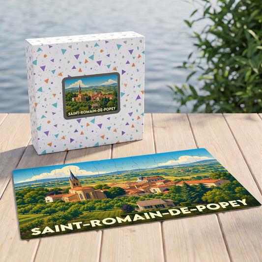 Puzzle souvenir de la ville de Saint-Romain-de-Popey avec une illustration stylisée de son paysage urbain et champêtre.