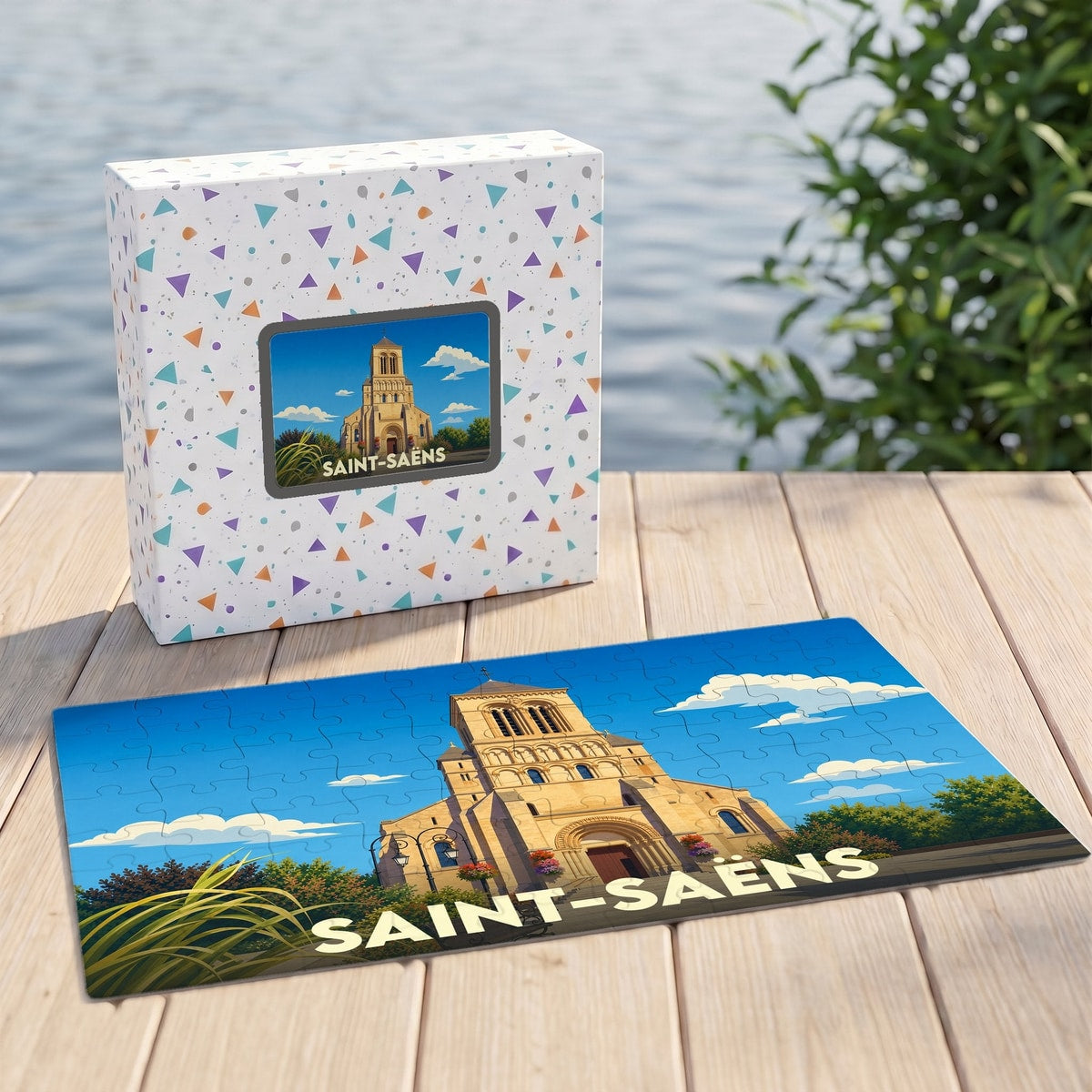 Puzzle souvenir de la ville de Saint-Saëns avec une illustration stylisée de son église.