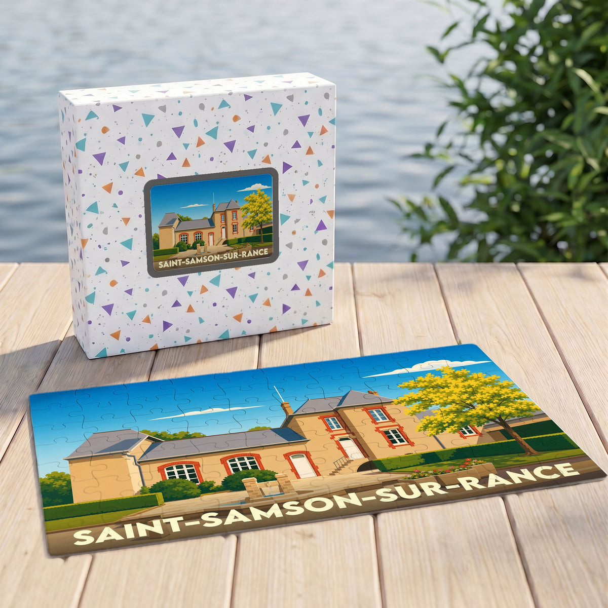 Puzzle souvenir de la ville de Saint-Samson-sur-Rance avec une illustration stylisée de son patrimoine.