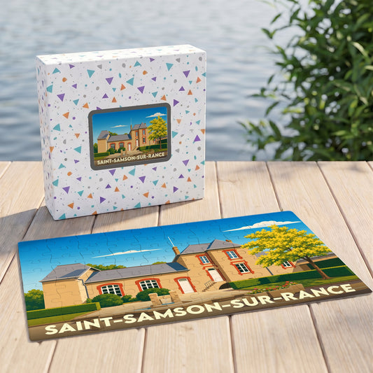 Puzzle souvenir de la ville de Saint-Samson-sur-Rance avec une illustration stylisée de son patrimoine.