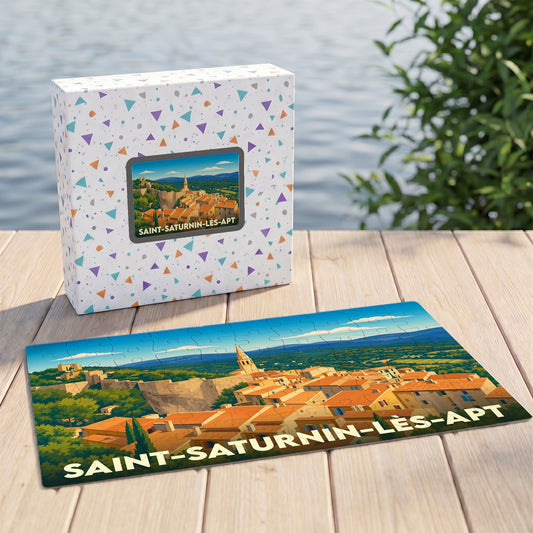 Puzzle souvenir de la ville de Saint-Saturnin-lès-Apt présentant une illustration stylisée et colorée de son paysage provençal.