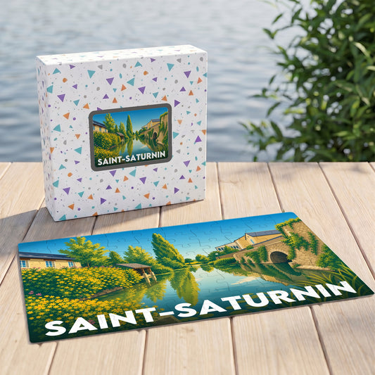 Puzzle souvenir de la ville de Saint-Saturnin avec une illustration stylisée de son paysage fluvial.