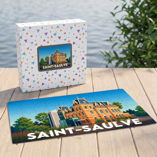 Puzzle souvenir de la ville de Saint-Saulve avec une illustration stylisée de son hôtel de ville.