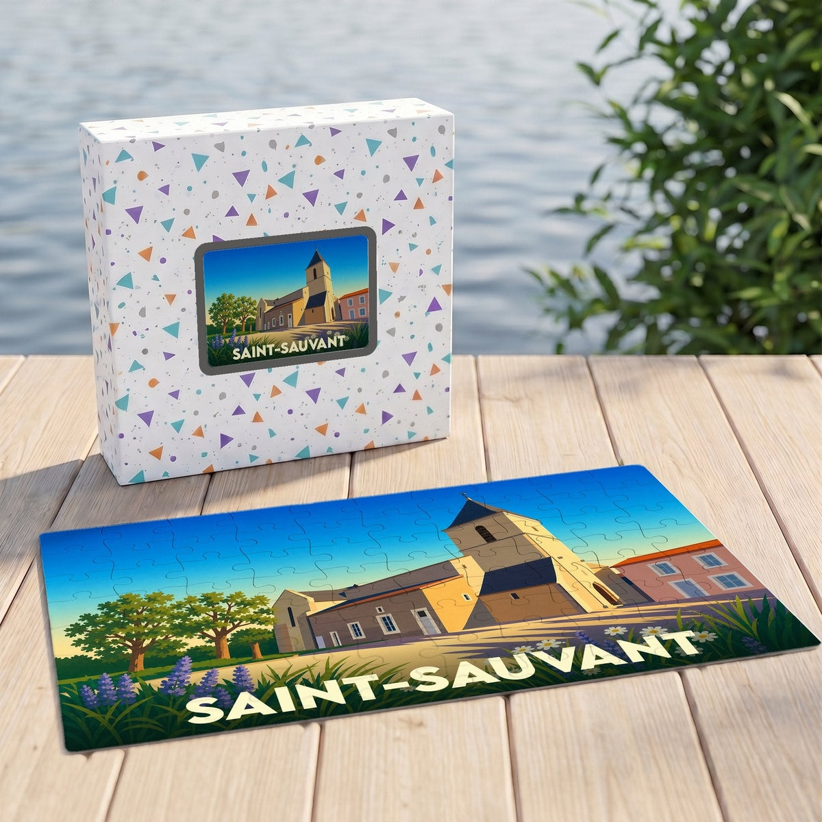 Puzzle souvenir de la ville de Saint-Sauvant avec une illustration stylisée.